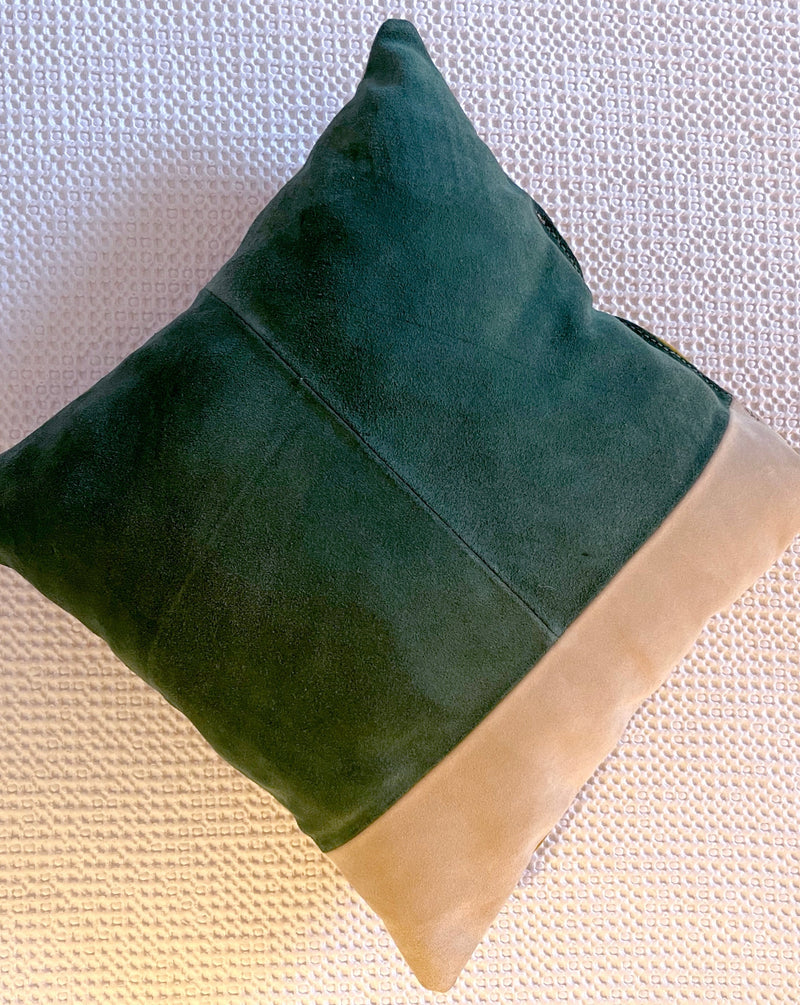 MIMOSA AND HUNTER GREEN OVERSTUFFED SUEDE THROW PILLOW